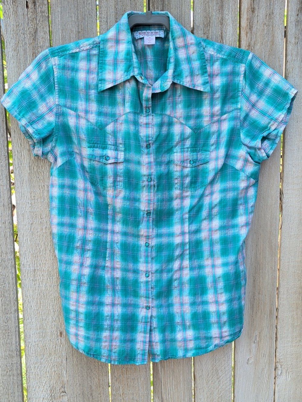 Pink Cattelac Metallic Cyan Plaid Short-Sleeve Pearl Snap Western Shirt